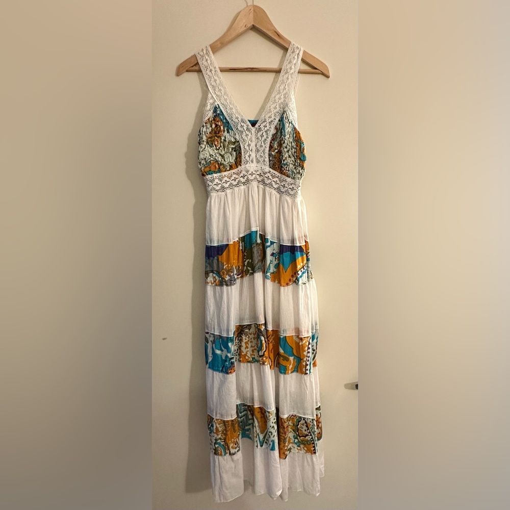 California Breeze Boho Tiered Cotton Dress in White/Multicolor Print. Size S - Picture 2 of 12